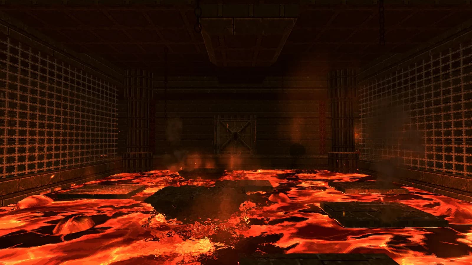 VEXMORN screenshot: Level 1, Lava Crossing — a brick chamber flooded with molten lava, stone slabs to leap across
