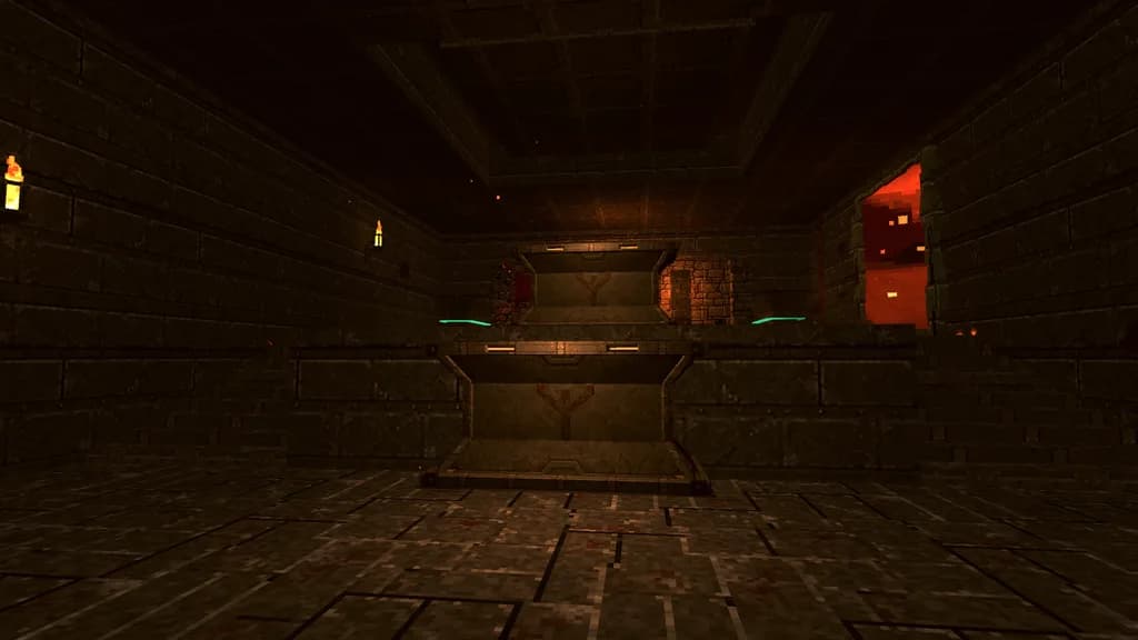 VEXMORN screenshot: Level 1, Ember Altar — a rune-carved altar in a torch-lit crypt, a lava window glowing behind it