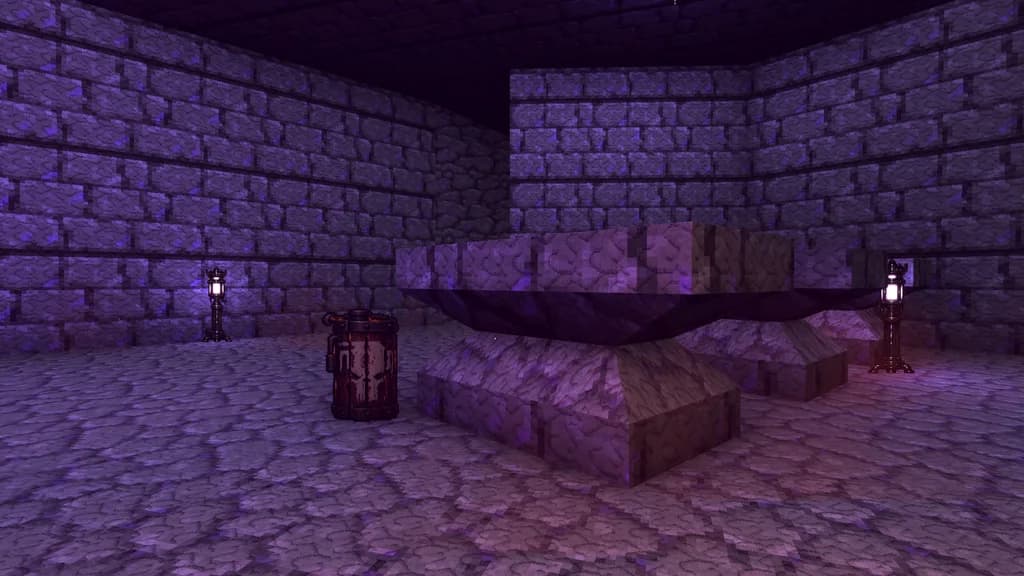 VEXMORN screenshot: Level 3, Stone Altar — a violet stone altar beside an explosive skull barrel
