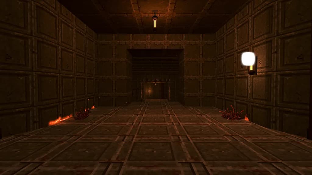 VEXMORN screenshot: Level 1, Ash Gate Passage — a long riveted corridor with lava cracks and hanging lamps