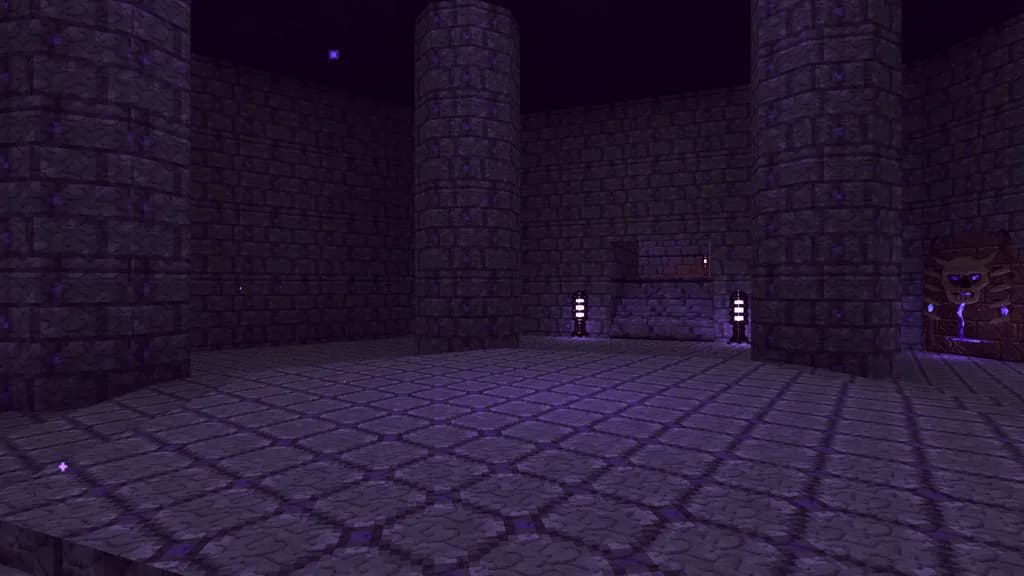 VEXMORN screenshot: Level 3, Violet Hall — a pillared stone hall lit by violet lamps, a demon-skull fountain on the wall