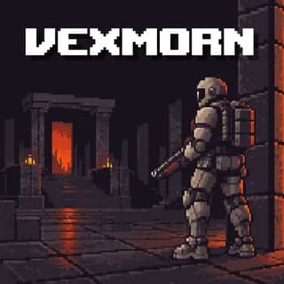 VEXMORN key art: an armoured marine with a shotgun stands in a dark crypt beside a lava-lit doorway, under the pixel VEXMORN logo